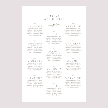 Sitzplan Hochzeit Porträt Kleine lila Blumen