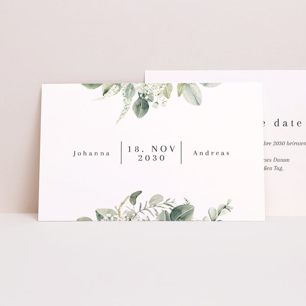 Save the date Karte Hochzeit Landschaft Pflanzliche Einrahmung foto