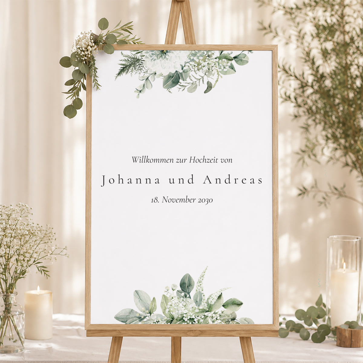 Begrüßungstafel Hochzeit Porträt 60 x 90 cm Pflanzliche Einrahmung foto N° 1
