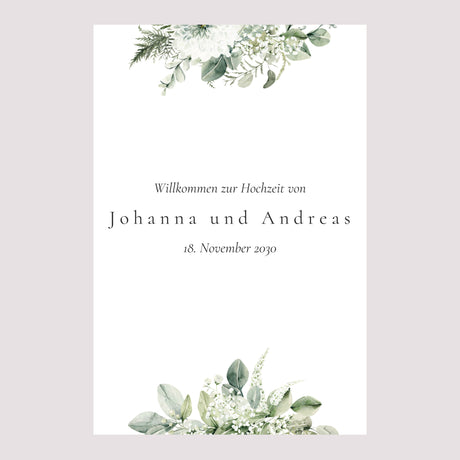 Begrüßungstafel Hochzeit Porträt 60 x 90 cm Pflanzliche Einrahmung