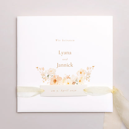 Hochzeitseinladung Quadratische Hülle, 3 Karten, Etikett Blumiges Täschchen foto N° 1