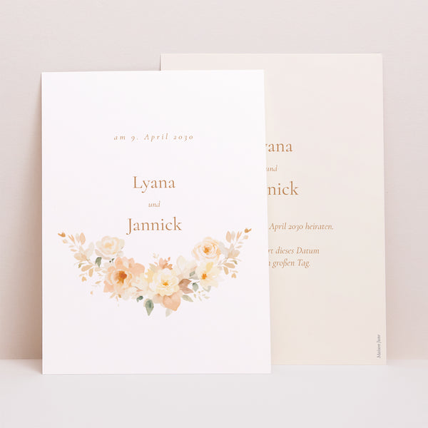 Save the date Karte Hochzeit Porträt Blumiges Täschchen foto
