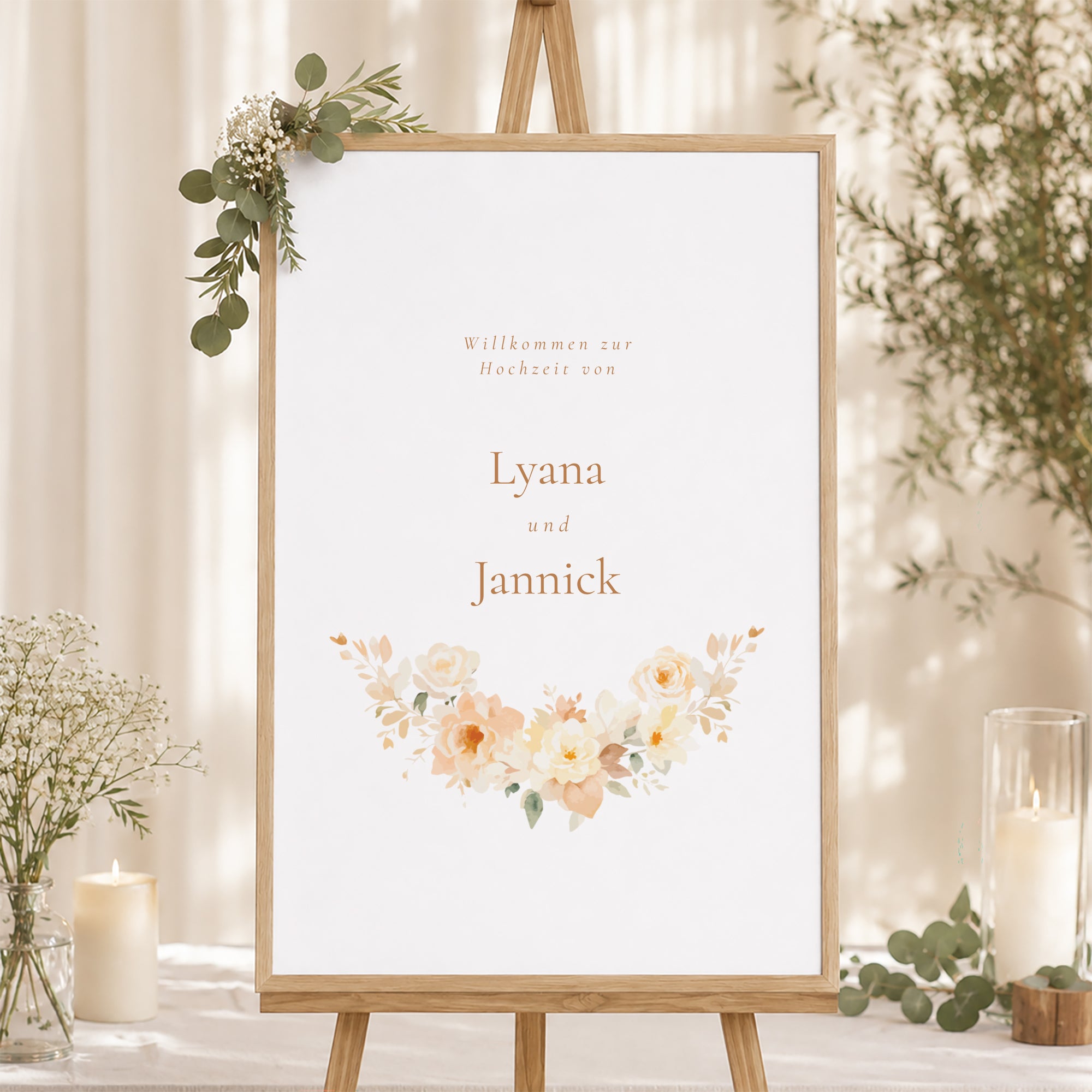 Begrüßungstafel Hochzeit Porträt 60 x 90 cm Blumiges Täschchen foto N° 1