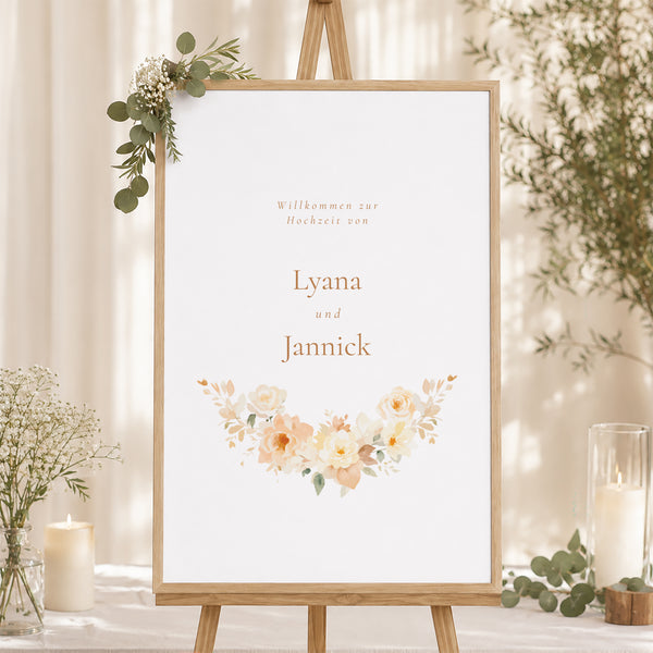 Begrüßungstafel Hochzeit Porträt 60 x 90 cm Blumiges Täschchen foto