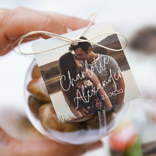 Geschenkbox Hochzeit Kugel mit quadratischem Etikett für immer foto