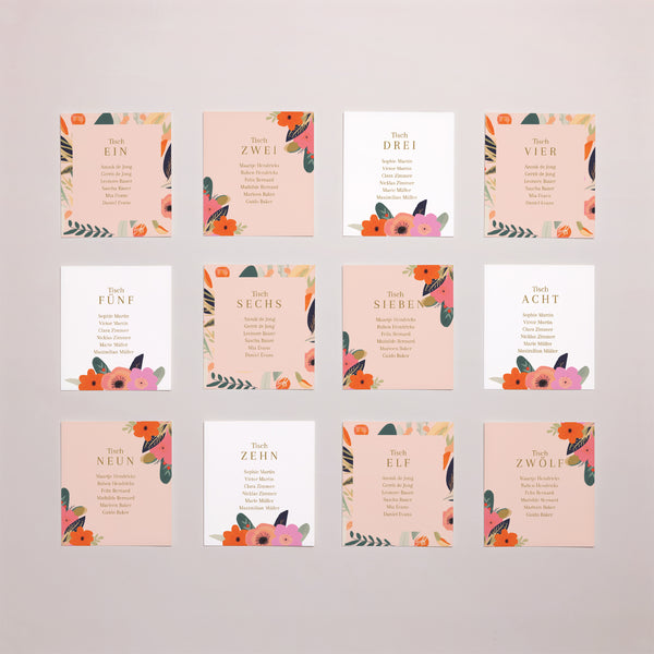 Sitzplan Hochzeit Pack von 12 Reigen von Blumen foto