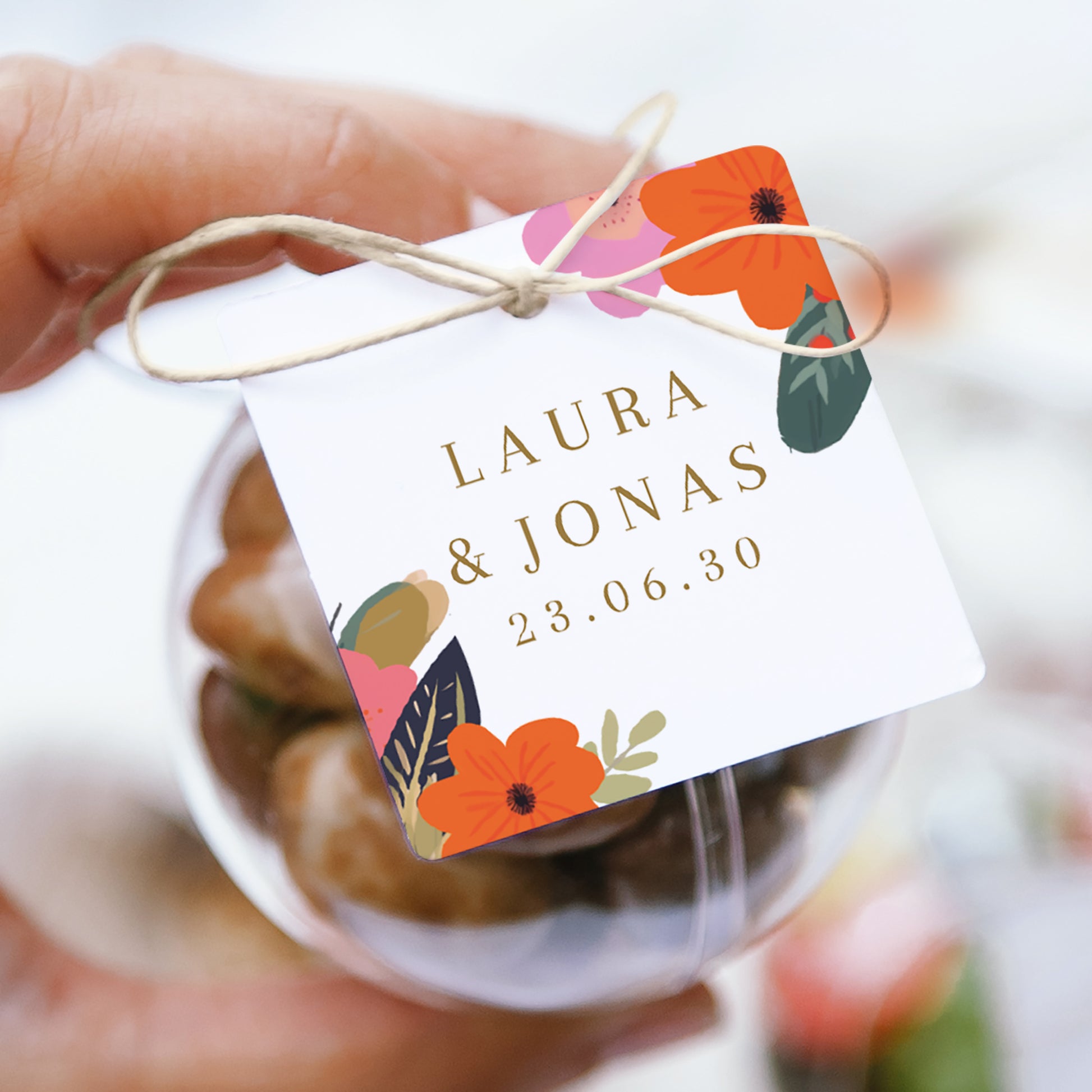 Geschenkbox Hochzeit Kugel mit quadratischem Etikett Reigen von Blumen foto N° 1