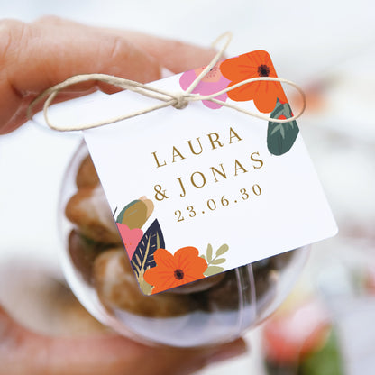 Geschenkbox Hochzeit Kugel mit quadratischem Etikett Reigen von Blumen foto N° 1