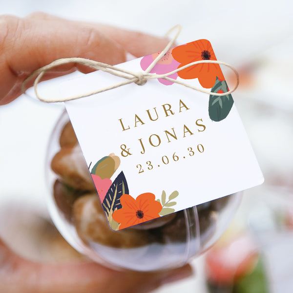 Geschenkbox Hochzeit Kugel mit quadratischem Etikett Reigen von Blumen foto