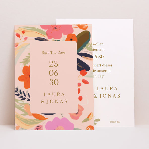 Save the date Karte Hochzeit Porträt Reigen von Blumen foto