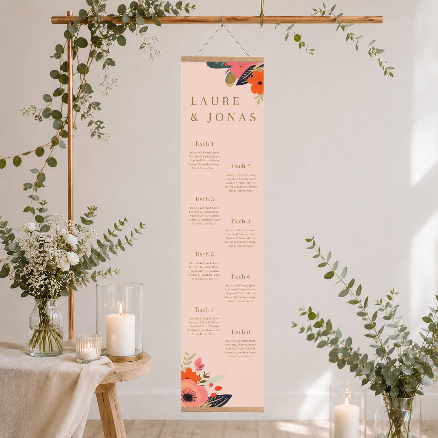 Sitzplan Hochzeit Holzstütze Blumenkarussell foto N° 2