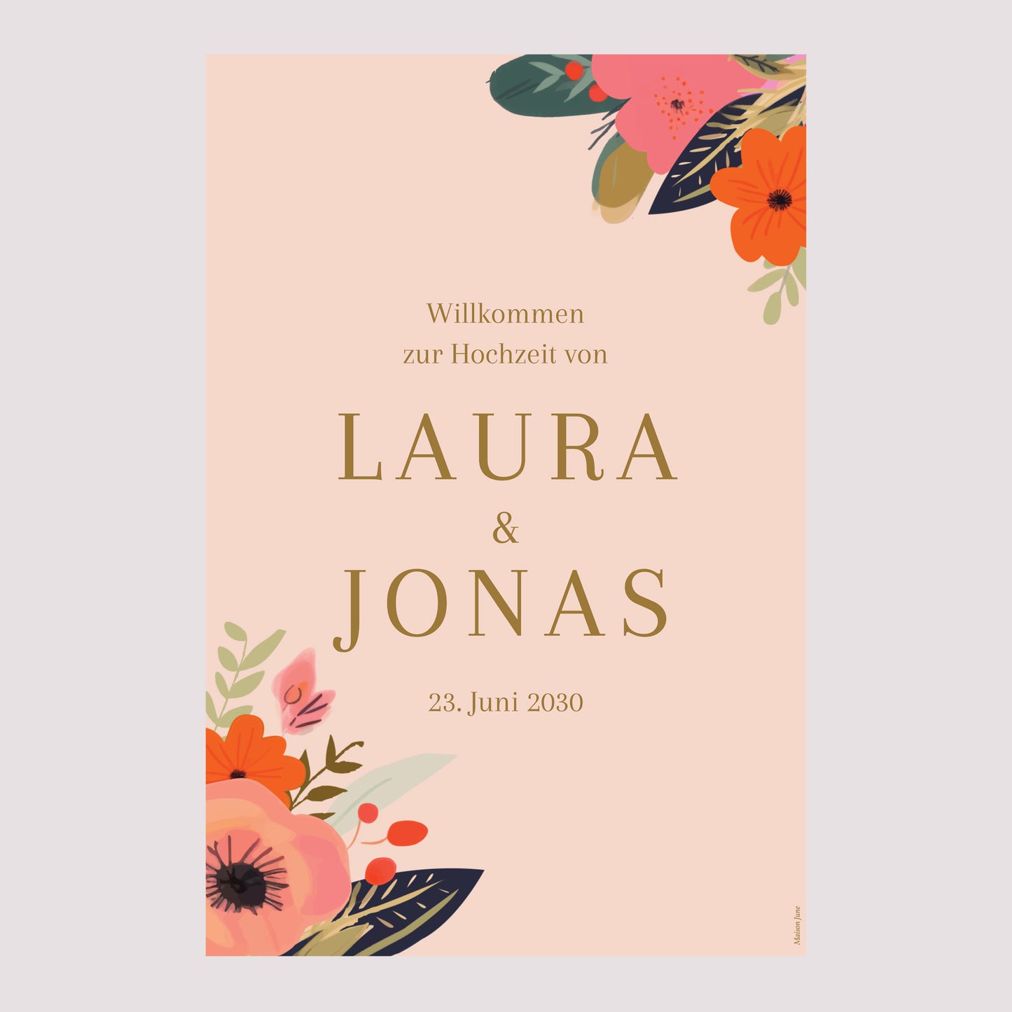Begrüßungstafel Hochzeit Porträt 60 x 90 cm Reigen von Blumen foto N° 2