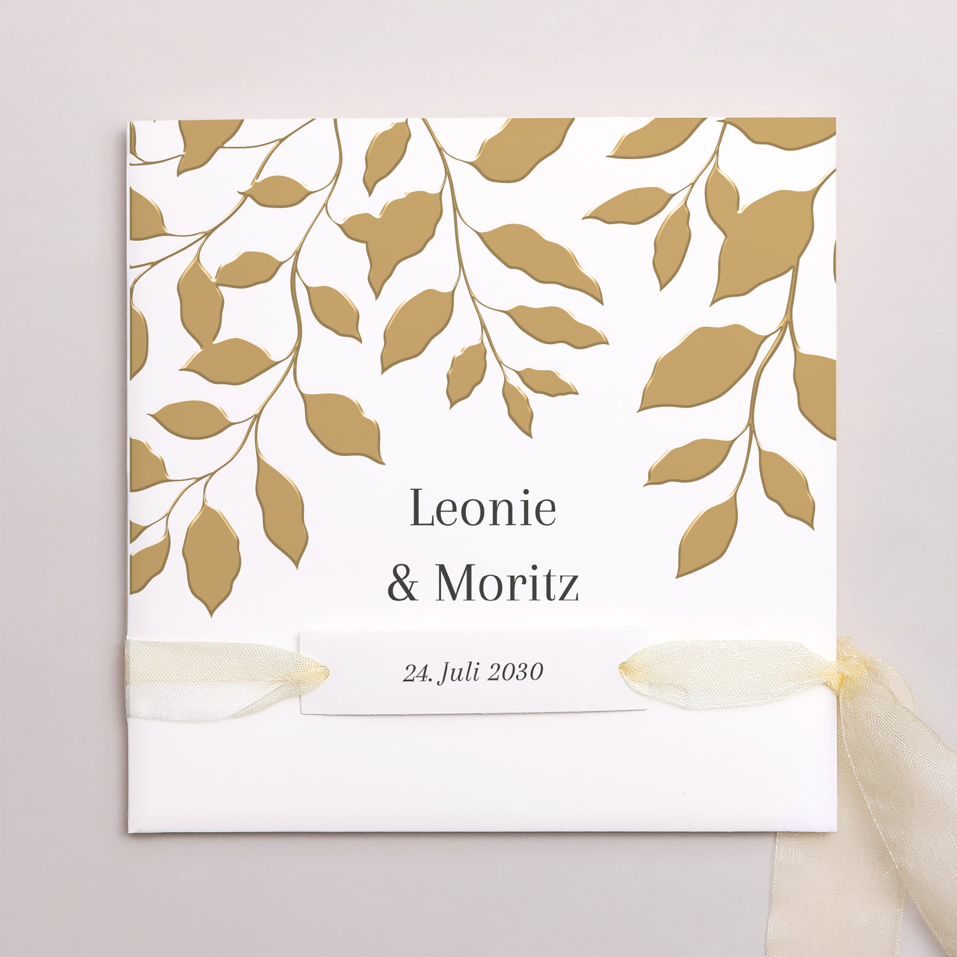 Hochzeitseinladung Quadratische Hülle, 3 Karten, Etikett goldenes Laub foto N° 1