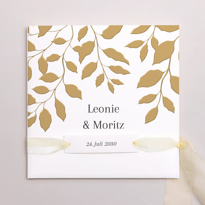 Hochzeitseinladung Quadratische Hülle, 3 Karten, Etikett goldenes Laub foto N° 1
