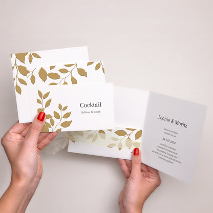 Hochzeitseinladung Quadratische Hülle, 3 Karten, Etikett goldenes Laub foto N° 2