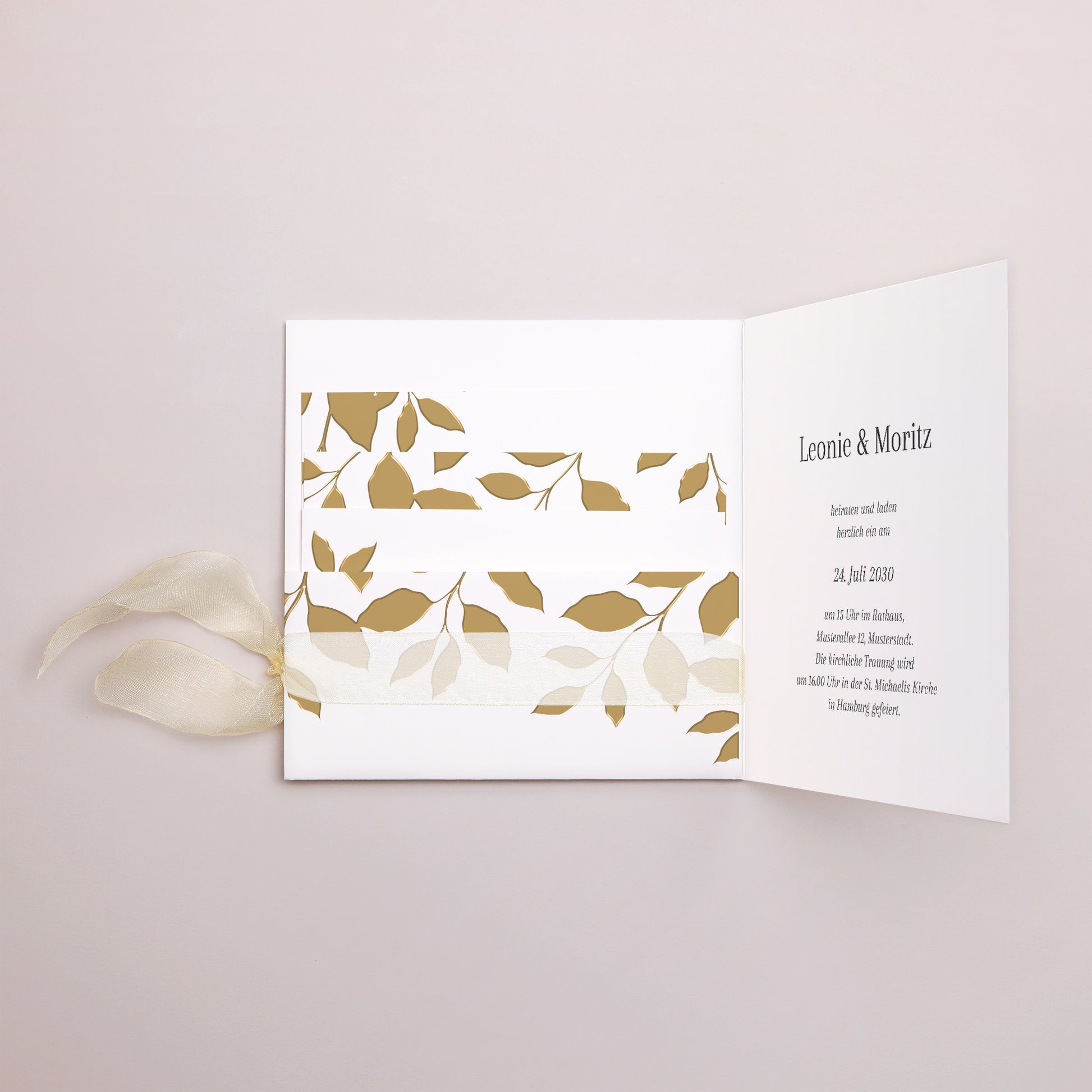 Hochzeitseinladung Quadratische Hülle, 3 Karten, Etikett goldenes Laub foto N° 3