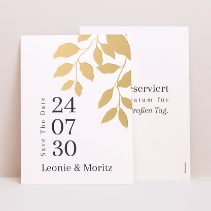 Save the date Karte Hochzeit Porträt goldenes Laub foto N° 1