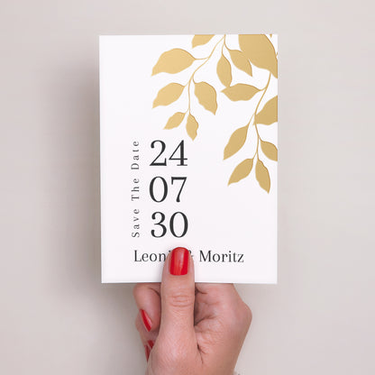 Save the date Karte Hochzeit Porträt goldenes Laub foto N° 2