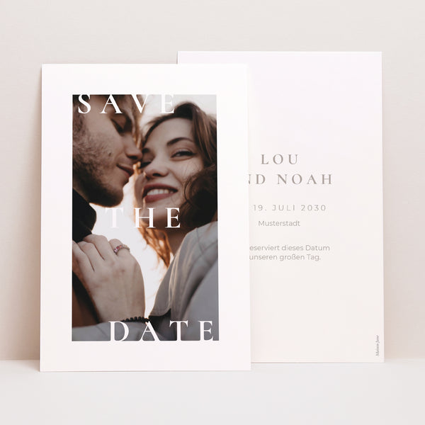 Save the date Karte Hochzeit PortraitPorträt Typo und Beige foto