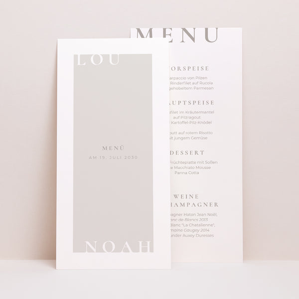 Menükarte Hochzeit Panoramatisches Porträt Typo und Beige foto