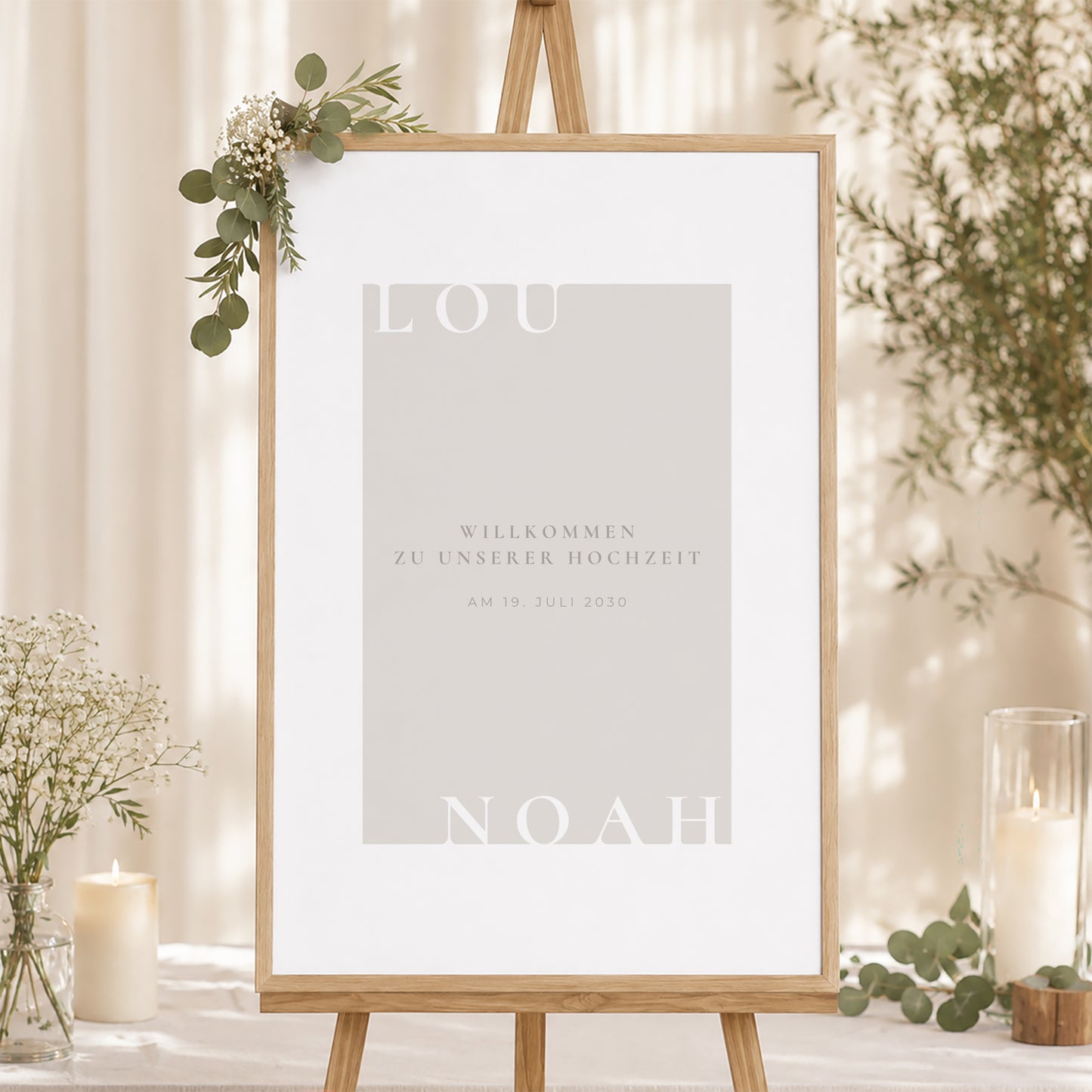 Begrüßungstafel Hochzeit Porträt 60 x 90 cm Typo und Beige foto N° 1