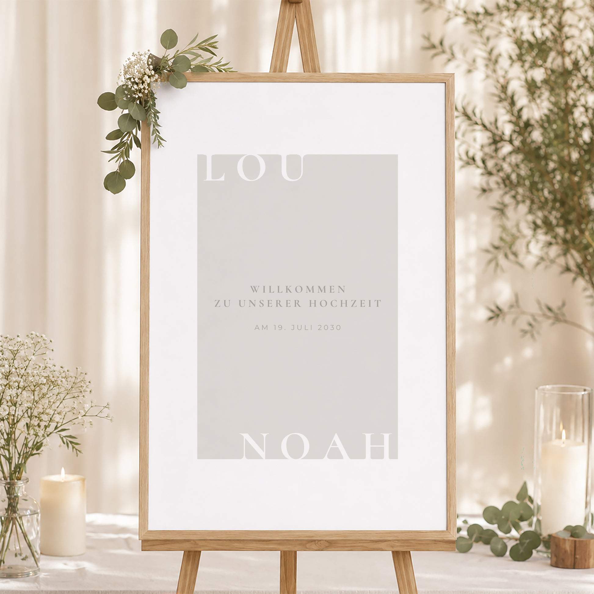 Begrüßungstafel Hochzeit Porträt 60 x 90 cm Typo und Beige foto N° 1