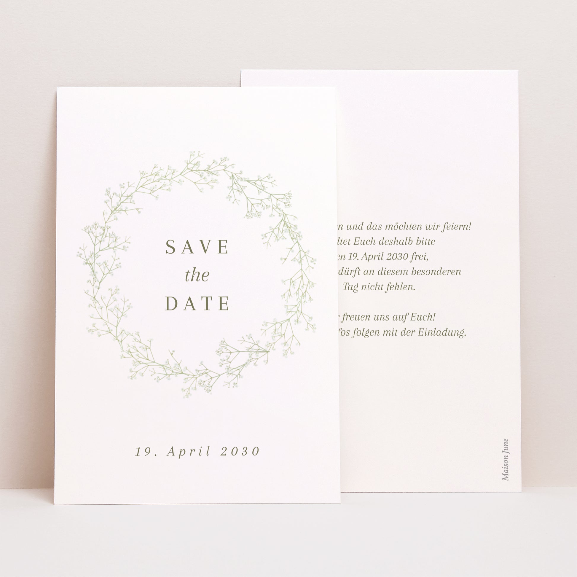 Save the date Karte Hochzeit PortraitPorträt Gypsophila-Kranz foto N° 1