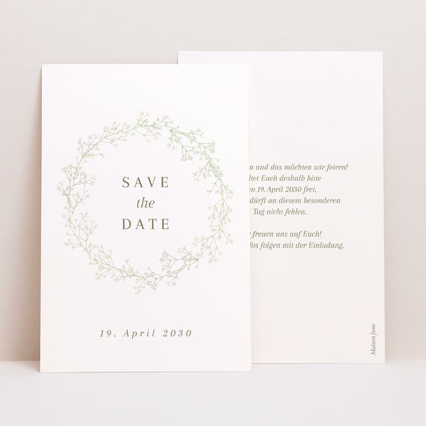 Save the date Karte Hochzeit PortraitPorträt Gypsophila-Kranz foto