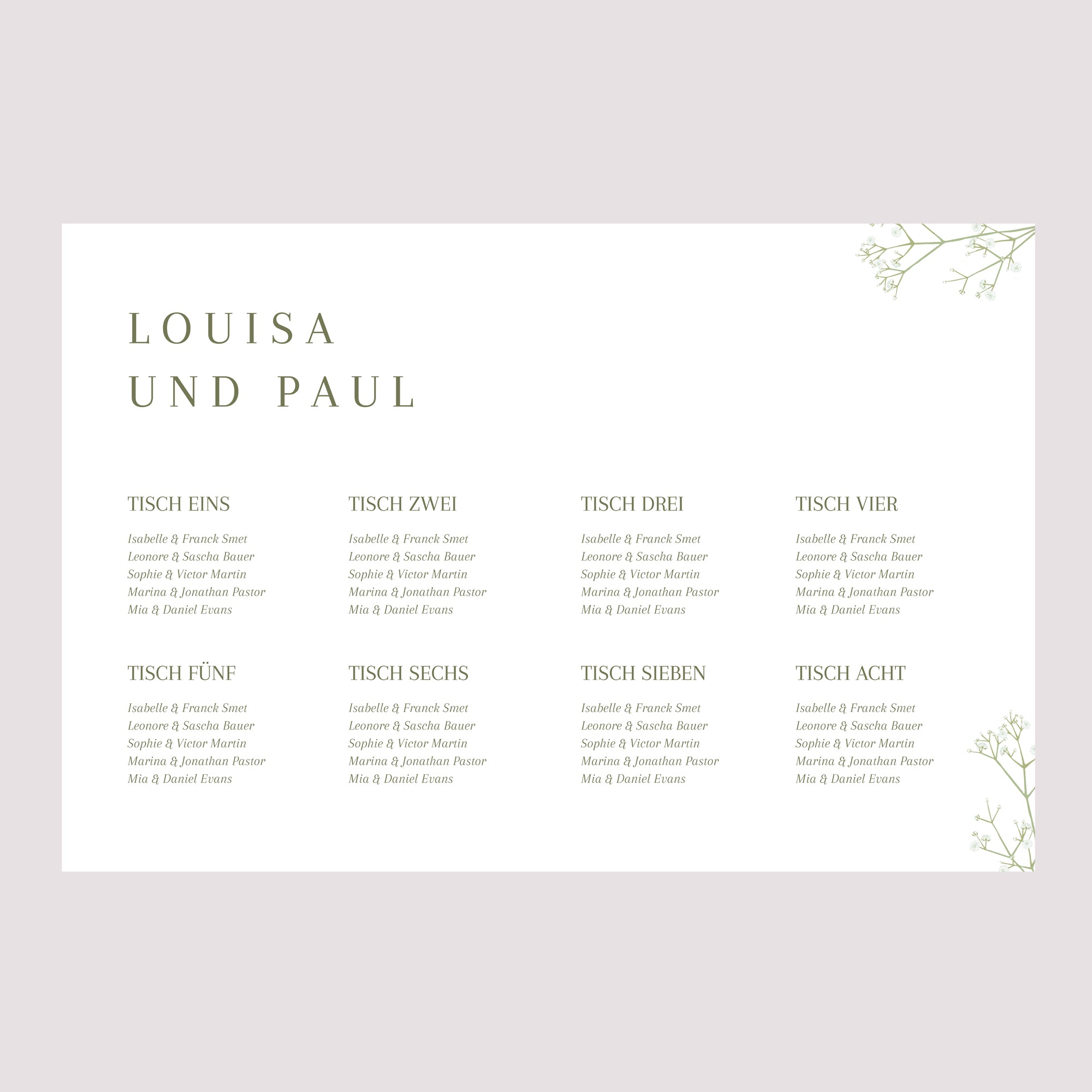 Sitzplan Hochzeit Landschaft Gypsophila-Kranz foto N° 2