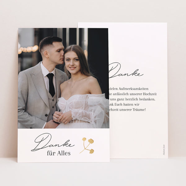 Dankeskarte Hochzeit PortraitPorträt Goldkranz Gypsophila foto