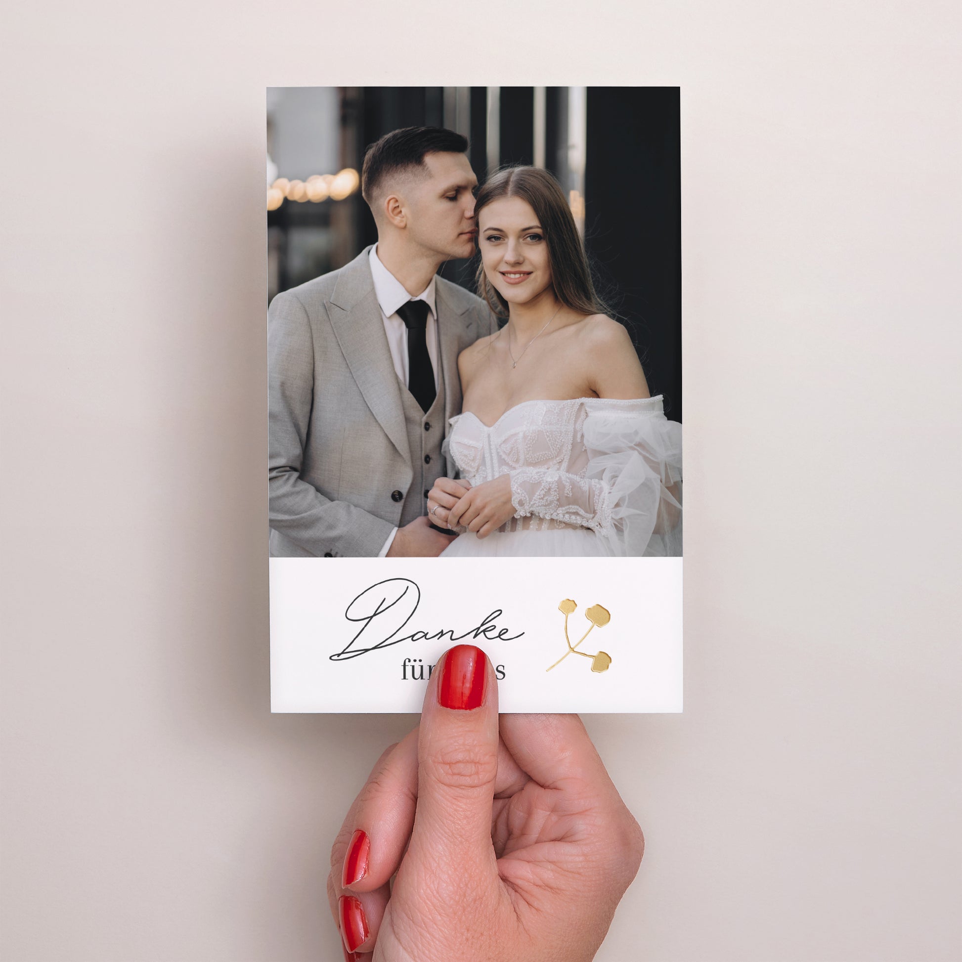 Dankeskarte Hochzeit PortraitPorträt Goldkranz Gypsophila foto N° 2