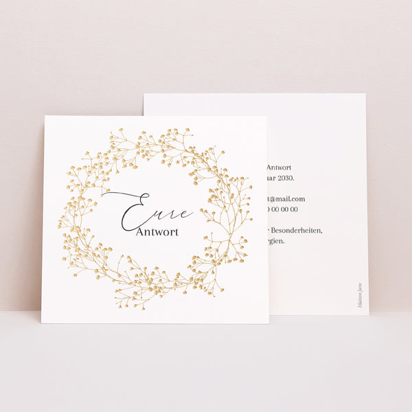 Antwortkarte Hochzeit Quadrat Goldkranz Gypsophila foto