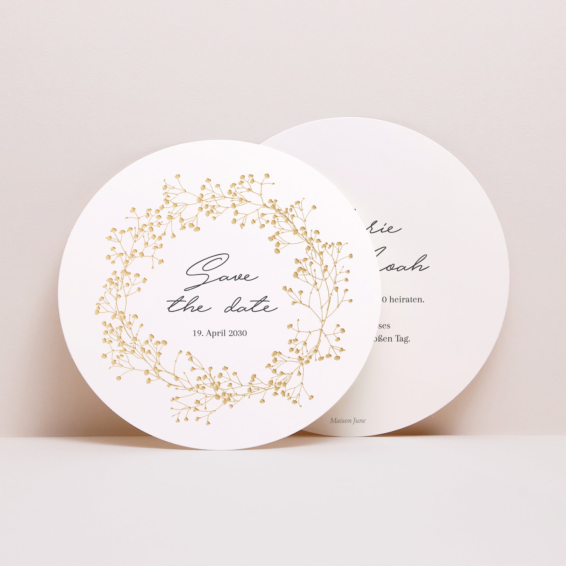 Save the date Karte Hochzeit Rund Goldkranz Gypsophila foto N° 1