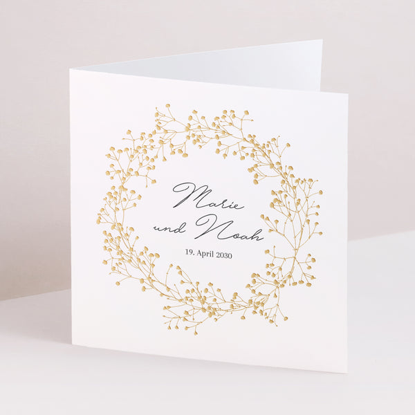 Hochzeitseinladung Doppelflügelfenster Goldkranz Gypsophila foto