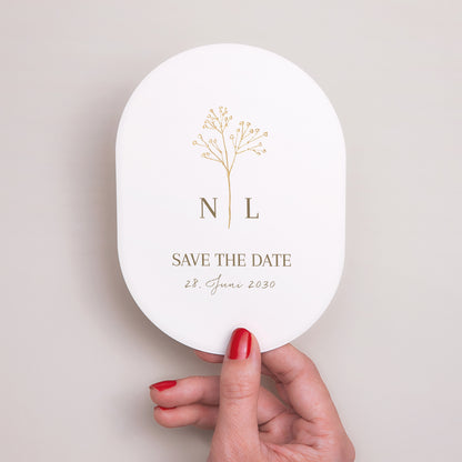 Save the date Karte Hochzeit oval Elegante Gipskraut foto N° 2