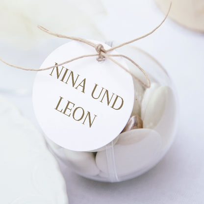 Geschenkbox Hochzeit Kugel mit runder Etikette Elegante Gipskraut foto N° 1