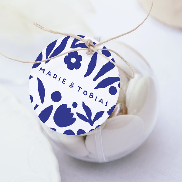 Geschenkbox Hochzeit Kugel mit runder Etikette Blau Majorelle foto
