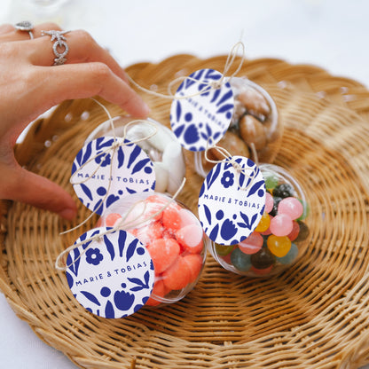 Geschenkbox Hochzeit Kugel mit runder Etikette Blau Majorelle foto N° 2