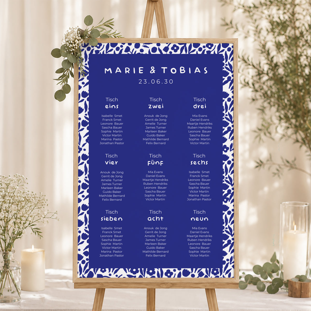 Sitzplan Hochzeit Porträt 60 x 90 cm Blau Majorelle foto N° 1