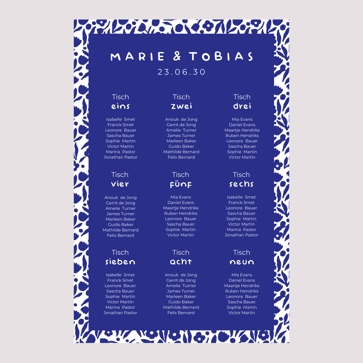 Sitzplan Hochzeit Porträt 60 x 90 cm Blau Majorelle foto N° 2