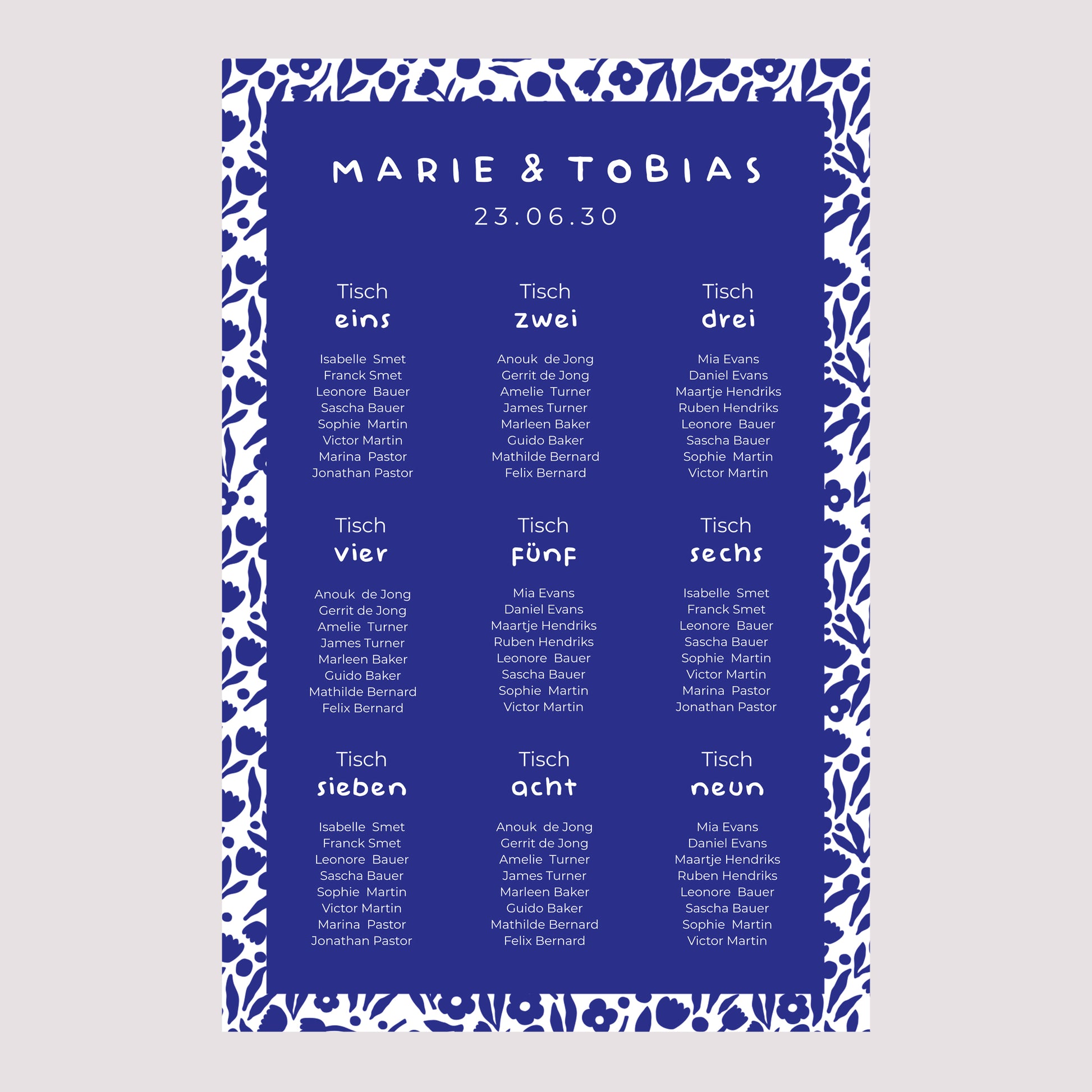 Sitzplan Hochzeit Porträt 60 x 90 cm Blau Majorelle foto N° 2