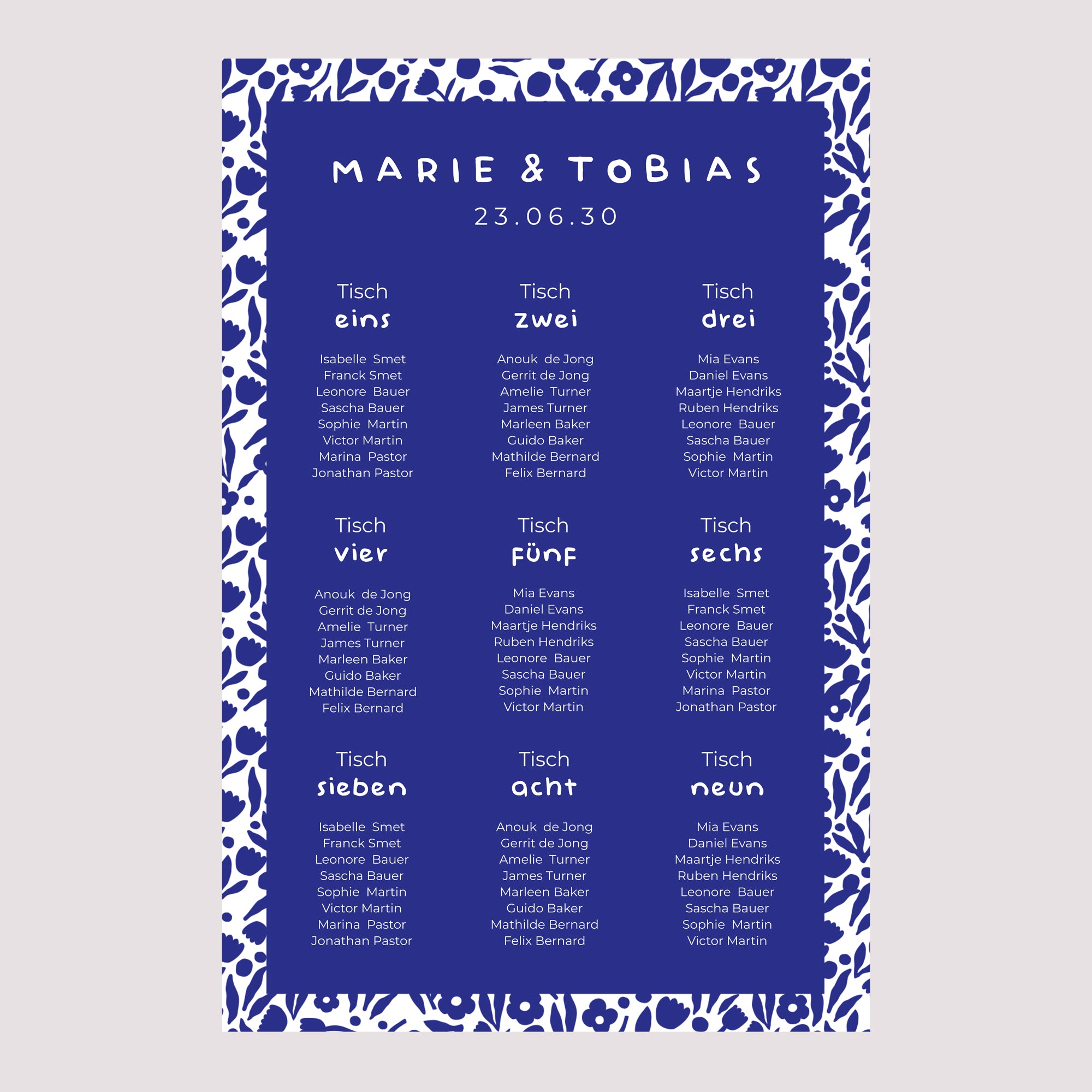 Sitzplan Hochzeit Porträt 60 x 90 cm Blau Majorelle foto N° 2