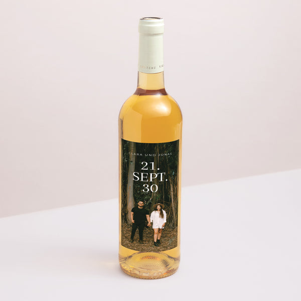 Flaschenetikett Hochzeit Porträt Typo Datum foto