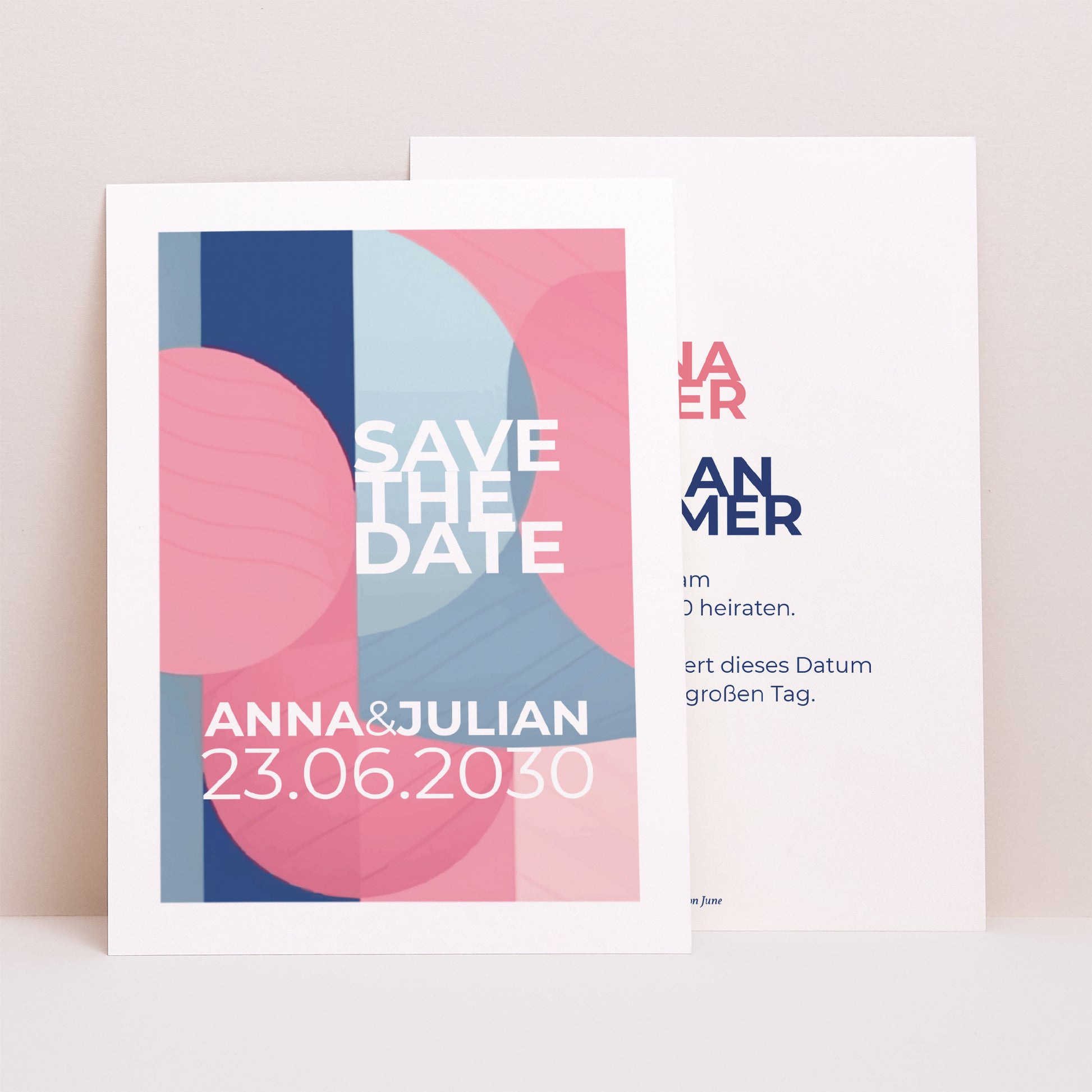 Save the date Karte Hochzeit Porträt Pink & Blue foto N° 1