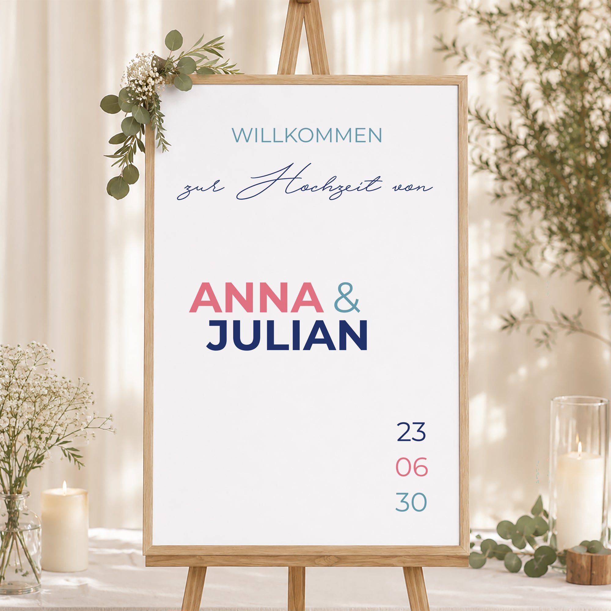 Begrüßungstafel Hochzeit Porträt 60 x 90 cm Pink & Blue foto N° 1