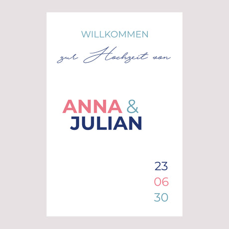 Begrüßungstafel Hochzeit Porträt 60 x 90 cm Pink & Blue