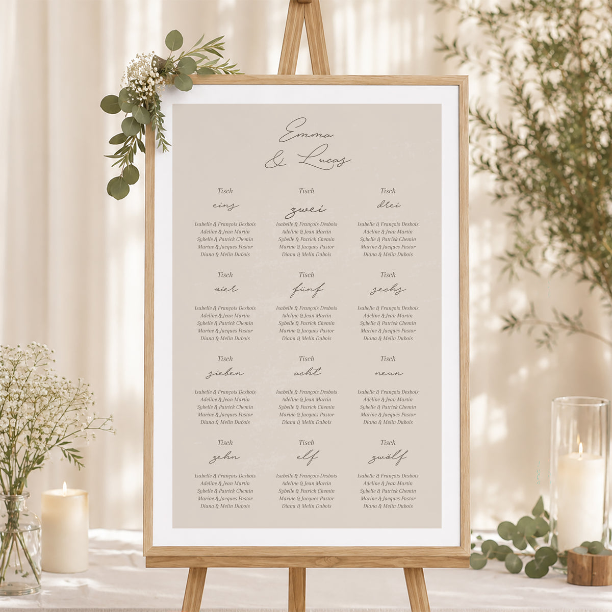 Sitzplan Hochzeit Porträt Kurven auf beigem Grund foto N° 1