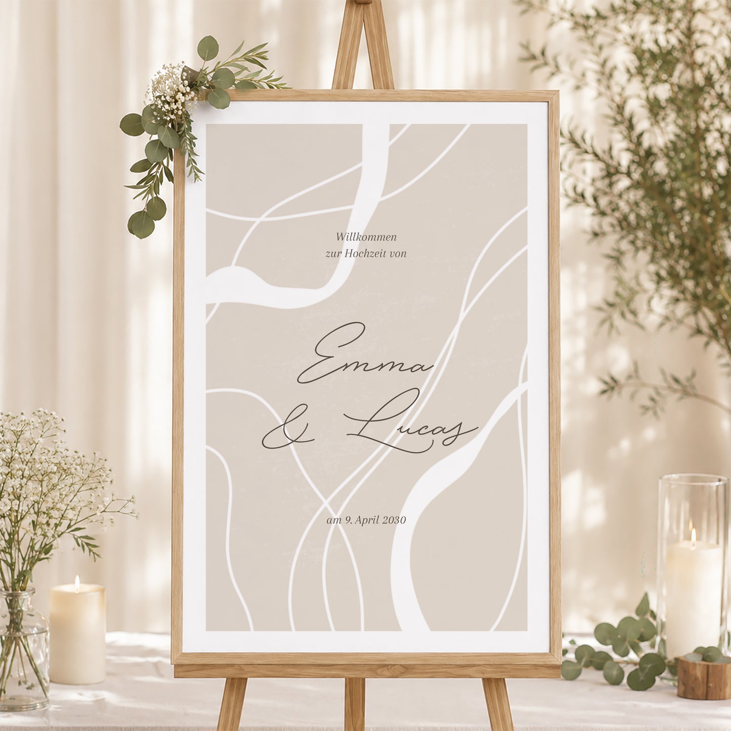 Begrüßungstafel Hochzeit Porträt 60 x 90 cm Kurven auf beigem Grund foto N° 1