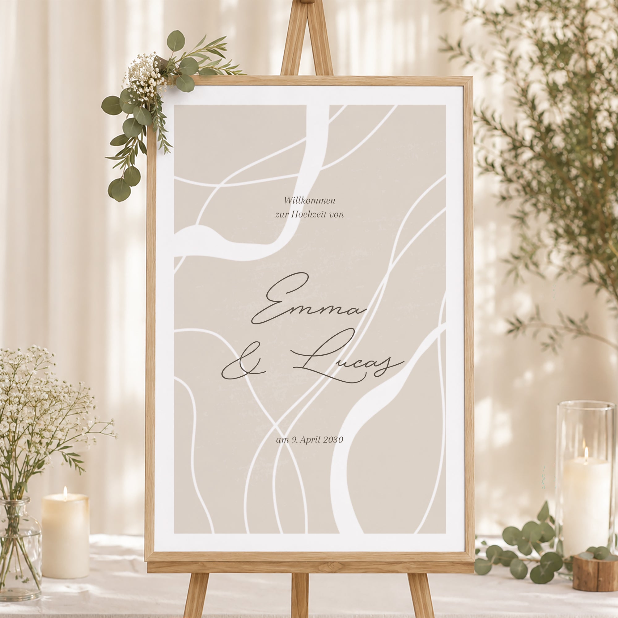 Begrüßungstafel Hochzeit Porträt 60 x 90 cm Kurven auf beigem Grund foto N° 1