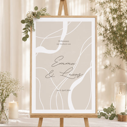 Begrüßungstafel Hochzeit Porträt 60 x 90 cm Kurven auf beigem Grund foto N° 1
